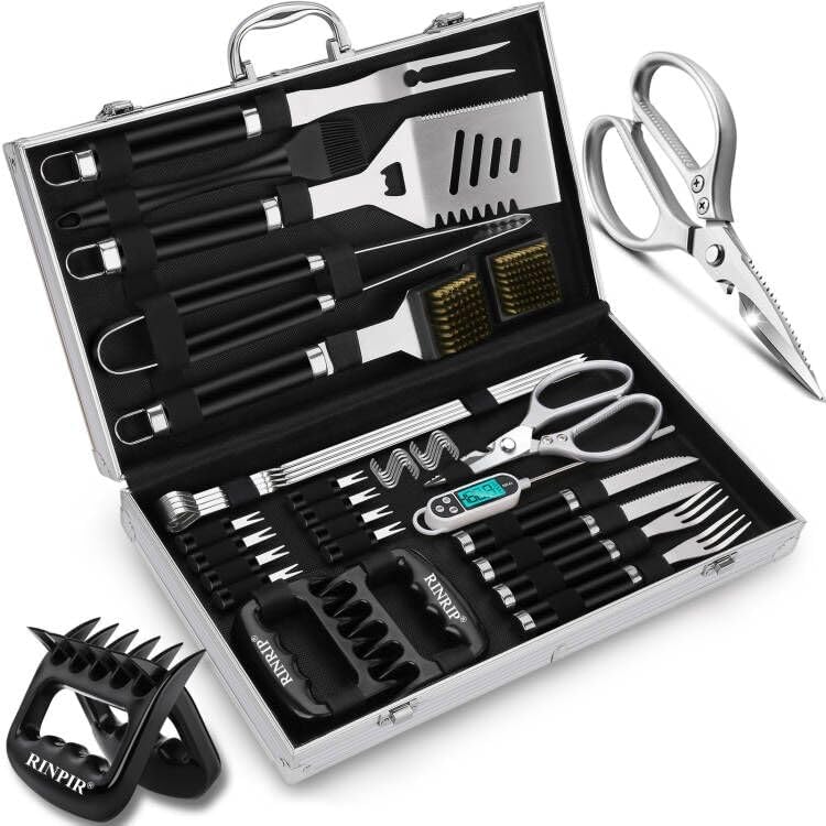 RINPIR 35pcs Deluxe Grilling Gifts Set for Birthday Fathers Day, Stainless Steel BBQ Accessories Kit for Men Dad, Professional Grill Tools Utensils with Scissors, Meat Claws in Aluminum Case Black - Image 4